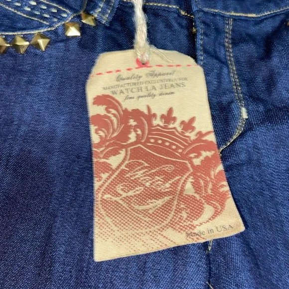 Dark Blue Made In America Studded Jeans With Tan Western Style Stitching - Picture 7 of 9